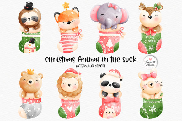 Christmas Animal in the Sock Clipart: Festive Illustrations